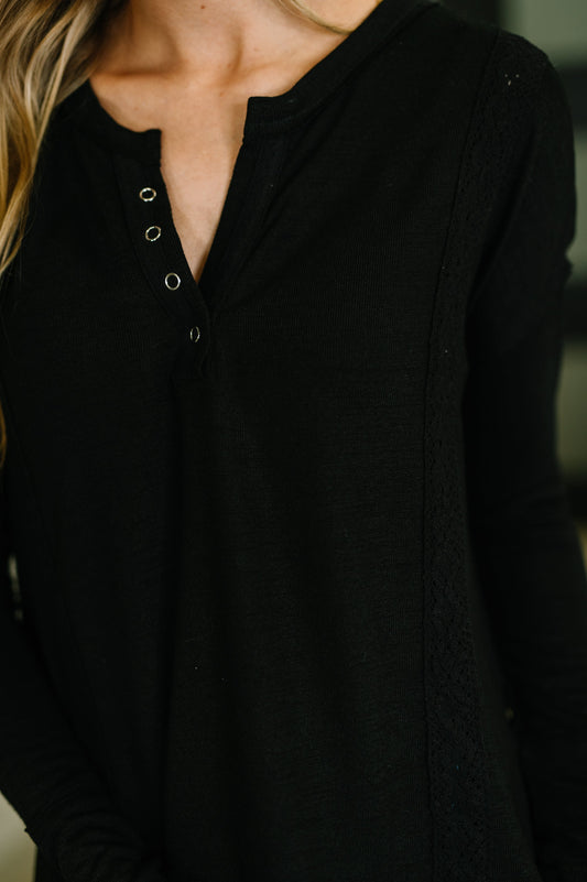Never Been So Sure Lace Accent Henley Top in Black