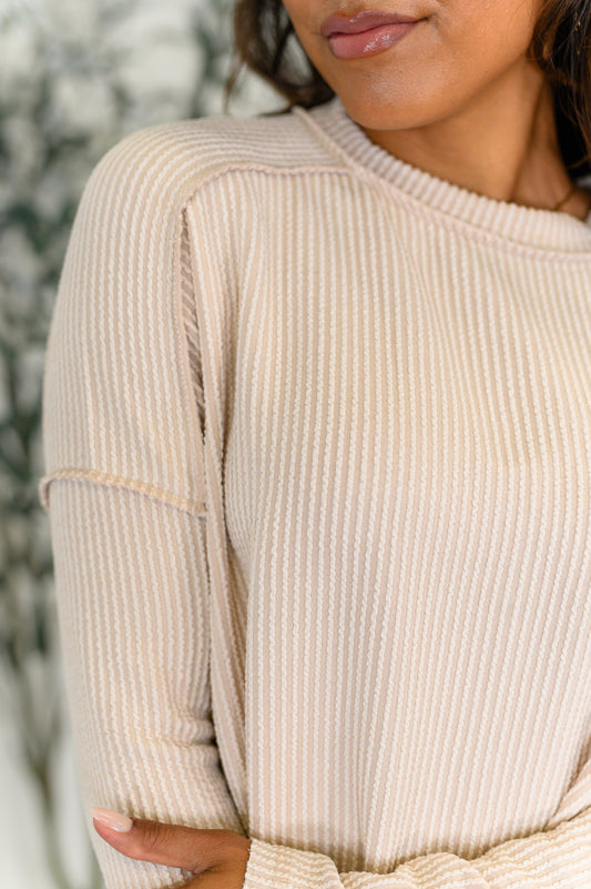 Wander & Rest Cable Ribbed Knit Drop Shoulder Top in Sand Beige