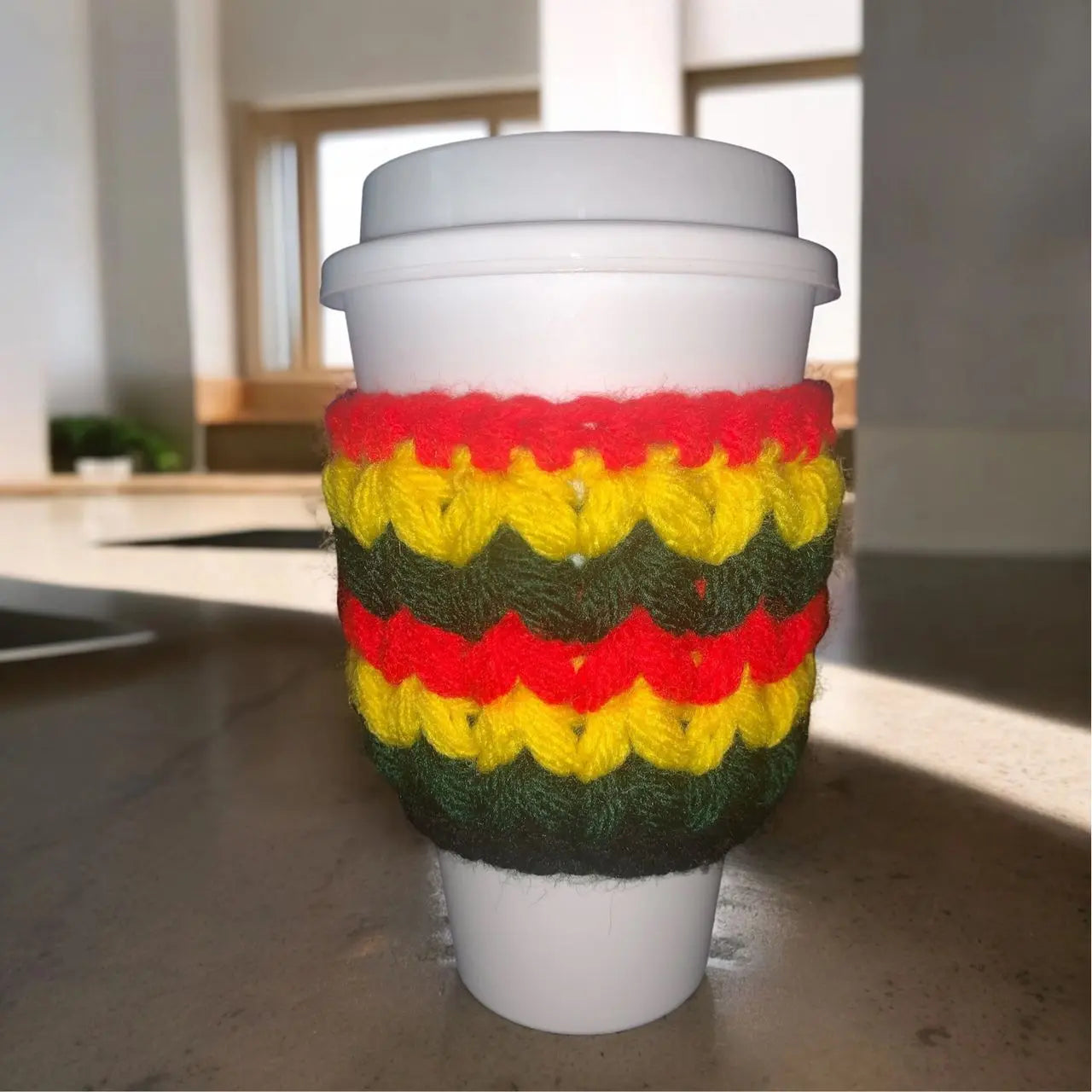 Handmade Chevron Cup Cozy - Red, Yellow, Green