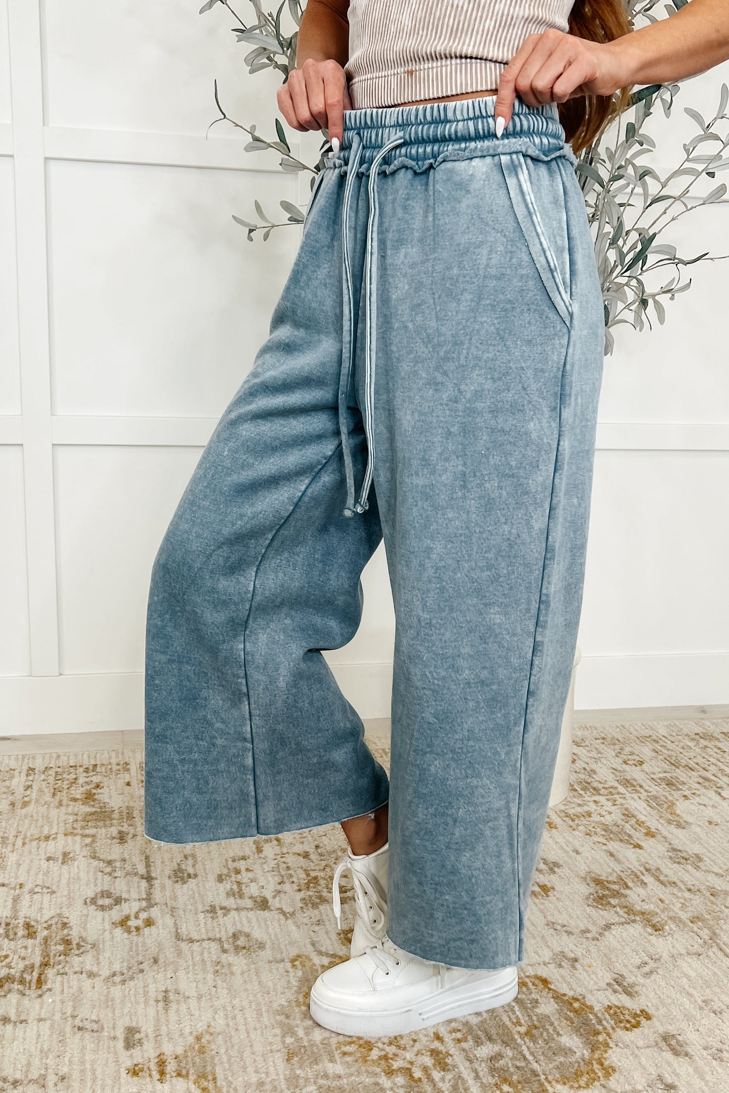 In or Out Wide Leg Cropped Pants Dusty Blue