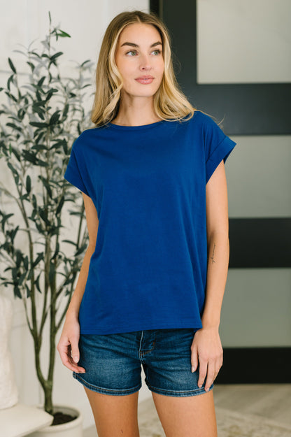It Starts Here Basic Rolled Sleeve Tee in Lt Navy