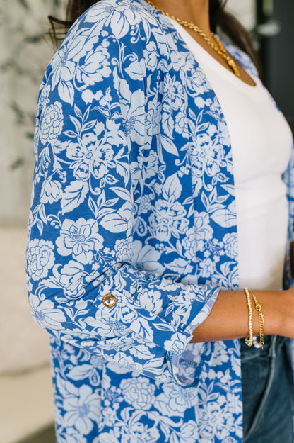 Lizzy Cardigan in Blue and White Floral