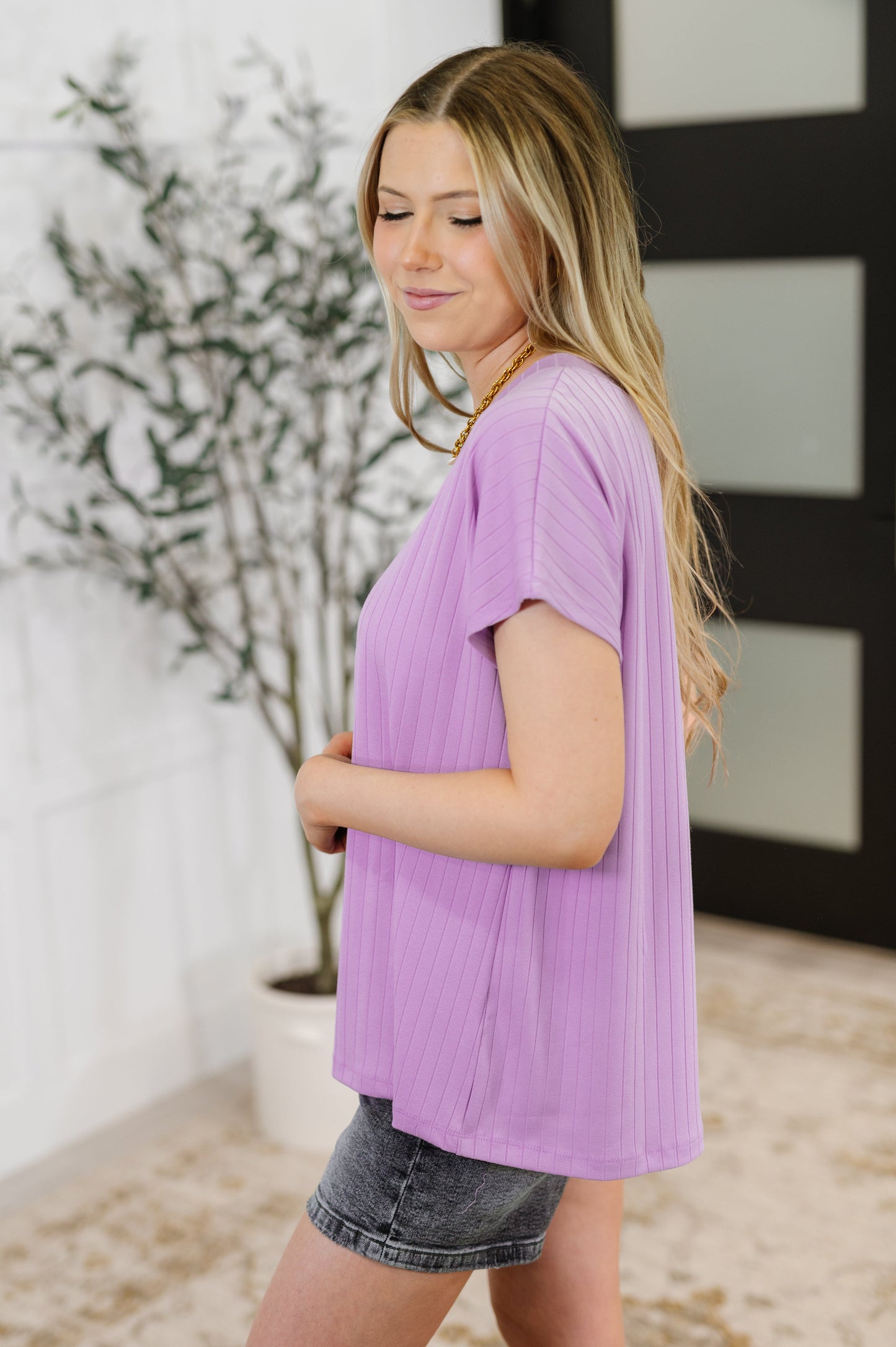 Top Shelf Basic V-Neck Ribbed Tee in Lavender