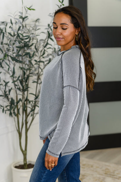 Wander & Rest Cable Ribbed Knit Drop Shoulder Top in Black/White