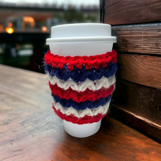 Handmade Red, White, and Blue Crochet Cup Cozy