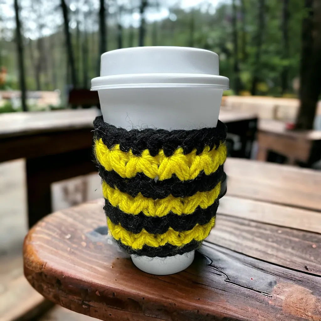 Handmade Black & Yellow Striped Crochet Cup Cozy