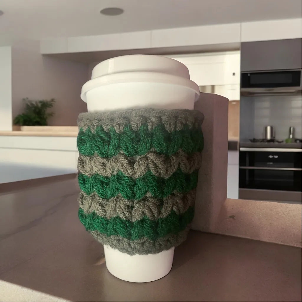 Handmade Green and Gray Crochet Cup Cozy