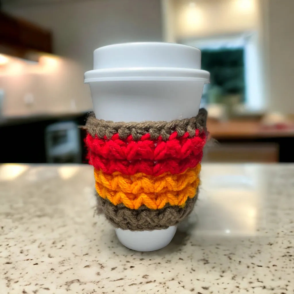 Handmade Crochet Cup Cozy - Red, Orange & Brown